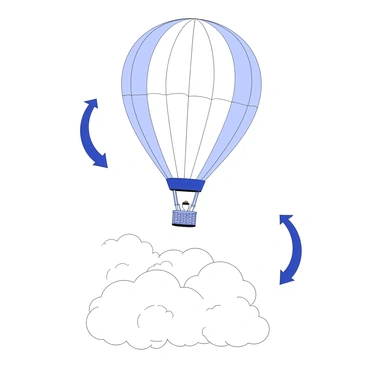 A hot air balloon is floating above a sea of clouds. The balloon has a round, bulbous shape with a patterned envelope and a wicker basket below. Below the balloon, the fluffy clouds appear soft and billowy, creating a contrast with the balloon's form. There are arrows indicating the direction of air pressure change, pointing upwards from the clouds towards the balloon. The scene conveys the concept of varying air pressure with height.