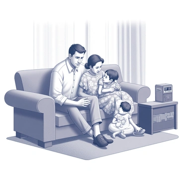 A 1950s family gathered in their living room, sitting close together on a large, upholstered couch. The father, wearing a button-up shirt with rolled sleeves, leans forward with a concerned expression while listening intently to a vintage radio placed on a small side table. The mother, in a floral dress, sits beside him with her hands clasped tightly in her lap, her eyes wide with worry. Two children, a boy and a girl, are seated on the carpet in front of them, both looking anxious; the boy has his arms crossed, while the girl clutches a toy bear. The room features period-appropriate decor, including patterned curtains and a small bookshelf lined with books. A sense of tension fills the space as they focus on the radio, reflecting the seriousness of the news.