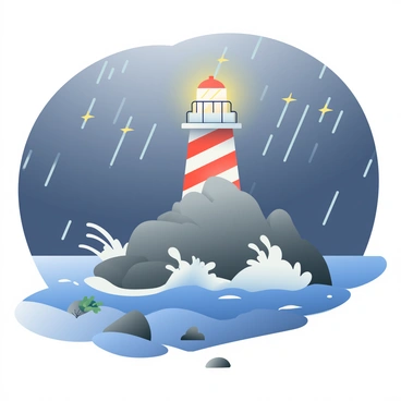 A solitary lighthouse with a white and red striped exterior is perched on a rocky shore, surrounded by crashing waves. The sky is dark and overcast, with heavy rain falling and occasional flashes of lightning illuminating the scene. The lighthouse's light is beaming brightly into the stormy atmosphere, cutting through the thick clouds. Large waves crash against the jagged rocks at the base of the lighthouse, sending sprays of water into the air. In the foreground, a few scattered seaweed clumps and pebbles can be seen, highlighting the rugged terrain of the shore.