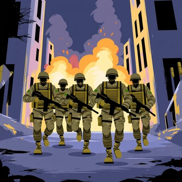 A group of soldiers dressed in camouflage uniforms is advancing through a city with ruined buildings and debris scattered around. The soldiers are holding rifles and moving in a tactical formation. Bright explosions light up the night sky, casting an orange glow on the surroundings. Smoke billows from the explosions, creating a dramatic contrast against the dark backdrop. The scene conveys a sense of urgency and action as the soldiers navigate through the chaos.