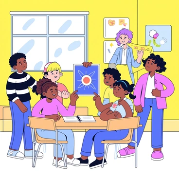A colorful classroom with bright yellow walls and a large window allowing sunlight to stream in. There are several wooden desks arranged neatly. A group of five children, two boys and three girls, are gathered around a table, looking at a poster of a pulsar. One boy is pointing at the poster, while another girl is holding a notebook and taking notes. The children are diverse in appearance, wearing colorful clothing. On the walls, there are various educational posters about space and astronomy. A teacher, standing nearby, is smiling and watching the children interact.