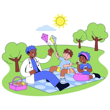 A doctor wearing a white coat and stethoscope is sitting on a picnic blanket in a park. The doctor is laughing and playing with two children, a boy and a girl, who are both holding colorful kites. The park has green grass and a few trees in the background. Nearby, a picnic basket is open, revealing some sandwiches and fruit. The sun is shining brightly, casting soft shadows on the ground.