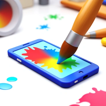 A paintbrush with a wooden handle is painting vibrant colors directly onto a 3D smartphone's screen. The screen displays a glossy finish, reflecting the bright hues of red, blue, green, and yellow as they swirl across the surface. The paintbrush bristles are saturated with paint, creating a dynamic splash effect. The background features a blurred workspace, hinting at an artist's environment with splatters of paint and art supplies nearby.
