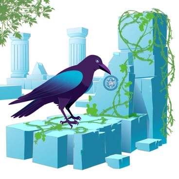 A sleek raven with iridescent black feathers stands on a crumbling stone ledge. The ancient stone ruins are partially covered in vibrant green moss and intertwined with thick, lush vines. The light filters through the foliage above, casting dappled shadows on the weathered stones. The raven is pecking curiously at a small, engraved symbol on one of the stones, showcasing its inquisitive nature. In the background, remnants of aged pillars and scattered stones hint at the history of the once grand structure.