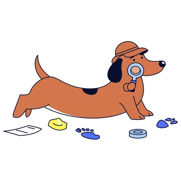 A dachshund with a long body and short legs is wearing a brown detective hat. The dog is sitting on its back legs, holding a magnifying glass in its paws. Around the dachshund are various scattered clues, including a small footprint, a piece of paper, and a shiny button. The background is simple, focusing on the dachshund and its investigation.