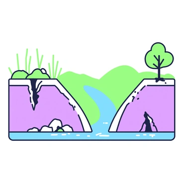 A riverbank is divided by a normal fault, creating a distinct geological feature. The left side of the fault rises sharply while the right side descends, revealing exposed layers of sediment and rock. Water flows through the gap created by the fault, reflecting the surrounding environment. Sparse vegetation such as green shrubs and grasses grows on the riverbank, with roots extending into the soil. In the background, a series of distant hills adds depth to the landscape. A few small rocks are scattered along the water’s edge, contributing to the natural setting.