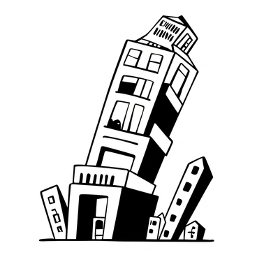 A building drawn with a skewed perspective, leaning awkwardly