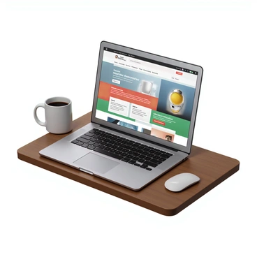 A laptop with a sleek, silver design is placed on a wooden desk. The screen shows an email marketing campaign with a colorful layout. The email features bold headers and engaging images that showcase a product. There are call-to-action buttons prominently displayed in bright colors. The overall design is visually appealing, with a balance of text and visuals that draws the viewer's attention. A coffee mug is placed beside the laptop, adding to the office setup.