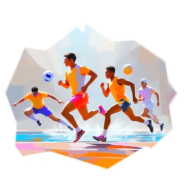 A dynamic scene featuring a diverse group of athletes engaged in various sports. In the foreground, a sprinter with defined muscles is captured mid-stride, wearing a bright athletic uniform. To the left, a soccer player is poised to kick a ball, showcasing their focused expression and uniform details. Nearby, a swimmer is diving into a pool, water splashing around them as they break the surface. In the background, a basketball player leaps to make a shot, the ball arcing through the air. Each athlete displays determination and skill, with distinct sports equipment surrounding them. The overall composition conveys a sense of energy and movement.