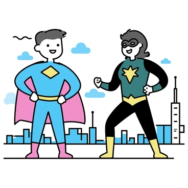 A cartoon superhero with a bright blue costume, featuring a red cape and a stylized emblem on the chest, stands confidently on a rooftop. Opposite him, a villain dressed in a dark green outfit with jagged designs and a menacing mask, poses menacingly with clenched fists. The cityscape in the background is filled with tall buildings, some with antennas and blinking lights. The sky is cloudy with hints of a storm, adding to the tension of the scene.