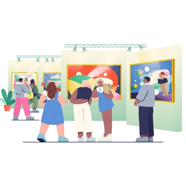 An art gallery filled with visitors is bustling during the opening night. On the walls, there are several large, colorful paintings, showcasing a variety of styles and themes. A group of three people, two women and one man, is gathered in front of a vibrant abstract painting, discussing its details. One woman has curly brown hair and is wearing a blue dress, while the other woman has straight blonde hair and is dressed in a black top and white pants. The man, with short black hair, is wearing a grey blazer over a white shirt. In the background, a few more visitors are seen examining artworks, and there are potted plants near the entrance, adding a touch of greenery to the scene. A soft glow from overhead lights creates a warm ambiance throughout the gallery.