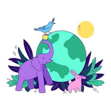 A teal Earth is surrounded by various playful animals, including a purple elephant balancing a yellow ball on its trunk and a pink rabbit hopping nearby. Lush green plants with vibrant leaves surround the animals, creating a lively atmosphere. In the background, a yellow sun shines brightly, casting warmth across the scene. A playful blue bird is perched on the edge of the Earth, chirping cheerfully.