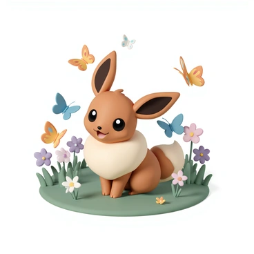 An Eevee, with its soft brown fur and large, expressive eyes, is sitting in the center of a lush green meadow. Its fluffy tail is slightly raised, showcasing its playful demeanor. Surrounding the Eevee is a swarm of vibrant butterflies, each displaying a mix of bright colors like orange, blue, and yellow. The butterflies are fluttering gracefully around the Eevee, some landing delicately on its ears and nose. The background features various wildflowers in shades of purple, pink, and white, adding to the lively atmosphere of the meadow under a clear blue sky.