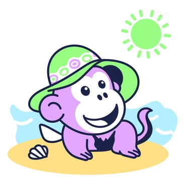 A monkey face with large expressive eyes and a playful grin is wearing a sun hat adorned with a wide brim. The sun hat features a decorative band, adding texture to the scene. The monkey is sitting on the warm sand of a beach, surrounded by gentle waves in the background. There are a few seashells scattered around, enhancing the beach atmosphere. The sun is shining brightly in the sky, casting soft shadows on the sandy surface around the monkey.