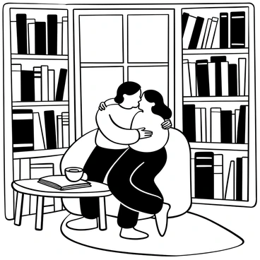 Two friends embracing in a cozy corner of a library, surrounded by tall bookshelves filled with various books. The friends have their arms wrapped around each other, conveying a sense of warmth and comfort. A small wooden table beside them holds an open book and a steaming cup of tea. Soft light filters in from a nearby window, casting gentle shadows across the scene. The floor is adorned with a patterned rug, adding to the inviting atmosphere of the space.