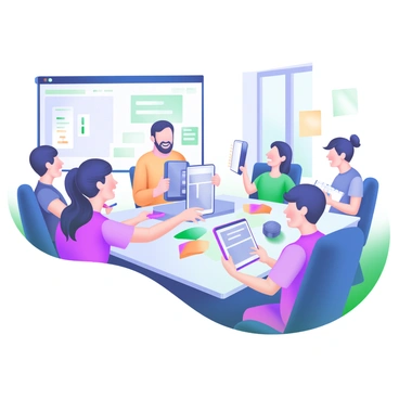 A modern pastel illustration depicting a focus group setting. In the center, a user is interacting with a new product, displaying an expression of satisfaction with a smile. Surrounding the user, several other participants exhibit expressions of curiosity, leaning forward in their seats. Each participant holds a notepad and a pen, ready to jot down their thoughts. The room is filled with a large table covered in various products, and there are sticky notes in different colors scattered around. A large window lets in soft, natural light, enriching the scene.