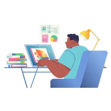 A designer with light brown skin and short black hair is seated at a modern desk, focused on creating an animated logo on a sleek laptop. The laptop screen displays vibrant graphics in motion. Surrounding the designer are several color palettes featuring a wide range of hues, neatly arranged for easy access. Stacked beside the desk are various design books with colorful covers, showcasing different aspects of graphic design. The designer is wearing a casual blue t-shirt and has a sketchbook open with preliminary ideas visible on the pages. A bright desk lamp casts a warm light over the workspace, enhancing the creative atmosphere.