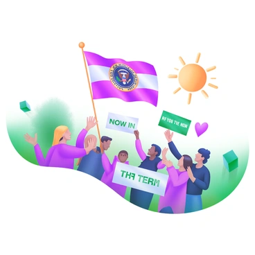 A vibrant scene depicting a flag being hoisted high on a flagpole to symbolize the beginning of a new term in office. The flag features a bold emblem in the center, surrounded by rich colors. Below the flagpole, a diverse group of individuals stands, some smiling and clapping, while others hold banners with encouraging phrases. The sun shines brightly in the background, casting a warm glow over the gathering. There are trees in the background, adding a touch of greenery to the setting.