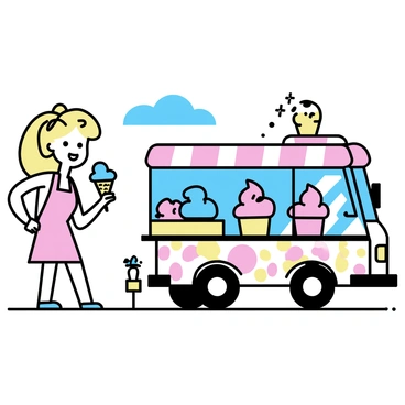 A woman resembling Barbie, with long blonde hair in a ponytail, is standing by a vibrant ice cream truck. The truck is decorated with playful 80s patterns including bright colors and geometric shapes. She is wearing a pink uniform with a matching apron. In one hand, she holds a scoop of ice cream, while her other hand gestures towards a selection of colorful ice cream flavors displayed in the truck window. The scene is lively, with a clear blue sky above and children eagerly waiting with cones in their hands.