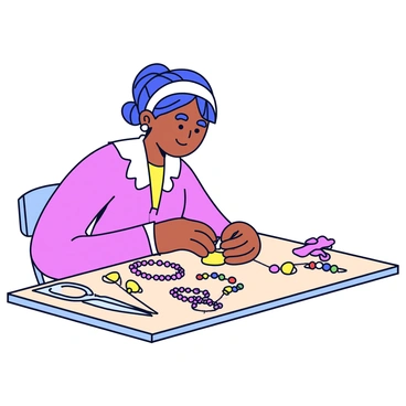 A handmaid is sitting at a small wooden table, carefully crafting jewelry. She is working with colorful beads in various shapes and sizes, which are scattered across the table. The handmaid is threading the beads onto thin strings, her focused expression showing her dedication to the craft. Beside her, there are tools such as scissors and a small container for finished pieces. The surroundings are simple, with a soft light illuminating the scene, highlighting her intricate work.
