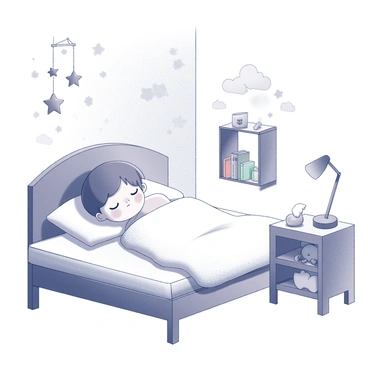 A child is peacefully sleeping in a cozy bedroom. The bed is adorned with fluffy white bedding, and the walls are decorated with playful patterns. Above the bed, a mobile of "stars" and "clouds" gently hangs from the ceiling. The room features a small bookshelf filled with colorful books and a plush toy resting on the nightstand. Soft light from a bedside lamp casts delicate shadows on the walls, enhancing the dream-like atmosphere.