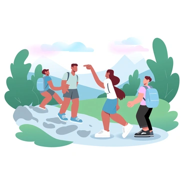 A group of four friends is hiking together on a scenic trail surrounded by lush greenery and distant mountains. One friend is assisting another who is navigating a rocky section of the path. A third friend is taking a moment to admire the view, pointing towards a beautiful landscape in the distance. The fourth friend is carrying a backpack, looking up at the trees with a sense of adventure. Soft, gradient pastel colors blend in the sky, suggesting a warm and inviting atmosphere.