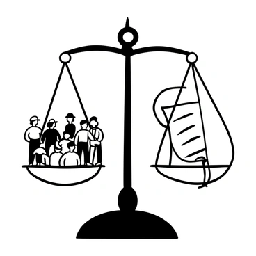 A scale of justice is centrally positioned in the image, with one side supporting a small community consisting of diverse figures representing various occupations and walks of life. On the opposite side of the scale, there is a prominent legal document, rolled up and secured with a string. The community figures are depicted standing closely together, conveying unity, while the legal document appears upright and formal. The background is minimal to emphasize the scale and its contents.