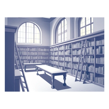 An interior view of the Long Room Library at Trinity College. The library features tall wooden bookshelves that stretch from the floor to the ceiling, filled with numerous books organized by size and binding. The room is illuminated by warm light filtering through large arched windows along one side. There are several tall ladders positioned against the shelves, allowing access to the upper levels of books. The rich wood paneling of the walls and ceiling adds to the grandeur of the space. In the center, there are long wooden tables with carved legs, providing a place for study. The atmosphere is filled with a sense of history and knowledge.