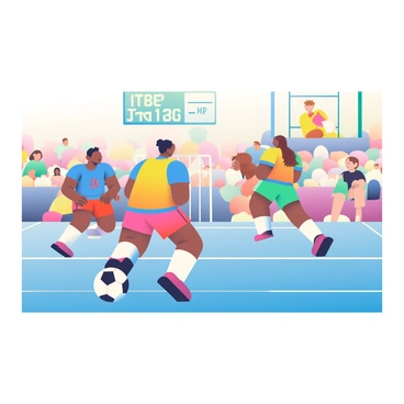 A dynamic futsal match is in progress on a vibrant indoor court. A group of players, wearing colorful jerseys in shades of blue, red, and yellow, are skillfully dribbling a black and white futsal ball. One player with short black hair is making an impressive maneuver, evading a defender while the ball is close to his feet. Another player, with long curly brown hair, is positioned to receive a pass, ready to take a shot at the goal. The court is marked with bright white lines, and a scoreboard displaying the match time can be seen in the background. Spectators are visible in the stands, adding energy to the atmosphere.