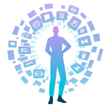 A figure stands in the center, illuminated by a vibrant halo made of glowing phone notifications. The notifications appear as bright, colorful icons, including messages, alerts, and app symbols, all radiating outward. The figure has a sleek silhouette, with a slightly translucent appearance, allowing hints of the background to show through. The ambiance around the figure is filled with soft, diffused lighting that highlights the edges of the notifications, creating a dynamic and engaging composition.