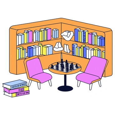A cozy corner in a library with warm wooden shelves filled with various books. On a small round table, there is a chessboard with black and white chess pieces neatly arranged. Surrounding the table are two simple chairs, inviting players to sit and engage in a game. Nearby, a stack of colorful books about chess is placed on the floor, showcasing titles like "Chess Strategies" and "The Art of Chess." A reading lamp stands next to the table, casting a soft light over the chessboard.