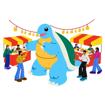 A large "Blastoise" with a blue shell and large cannon-like features is standing in the center of a bustling "harvest festival." Surrounding Blastoise are colorful "food stalls" adorned with red and yellow banners. Each stall is decorated with various "harvest-themed items," like pumpkins, apples, and cornstalks. "Lanterns" hang overhead, illuminating the scene with a warm glow. People, depicted as joyful and animated, are engaging with the stalls, and some are enjoying food items like pie and cider. The atmosphere is lively, with a sense of community and celebration.