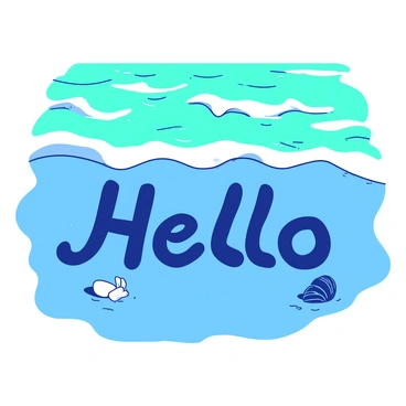 The word "Hello" is written in a deep blue sand on a beach, with the letters slightly curved and uneven, capturing the natural look of handwriting. In the background, gentle teal waves are rolling towards the shore, with white foam forming at their crests as they approach the sand. The scene is bathed in warm sunlight, highlighting the texture of the sand and the glistening surface of the water. A few small seashells are scattered around the word, adding detail to the beach setting.