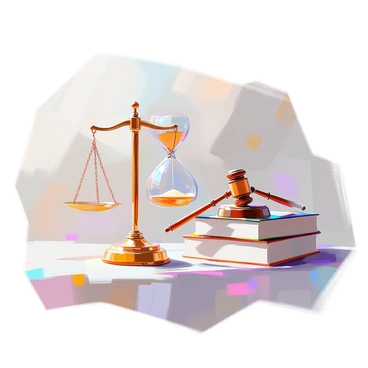 An hourglass with clear glass and fine, golden sand fills the upper chamber, slowly trickling down to the lower chamber. The hourglass is positioned centrally, symbolizing the passage of time. To the left, a set of scales represents justice, balanced evenly with weights on both sides. To the right, a gavel rests atop a stack of law books, signifying authority and governance. The background is softly blurred, emphasizing the hourglass and the elements of checks and balances surrounding it.