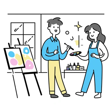 A married couple is standing side by side in a studio filled with sunlight streaming through large windows. The man, wearing a blue shirt and beige pants, is holding a paintbrush and applying vibrant colors to a canvas on an easel. The woman, dressed in a white blouse and denim overalls, is mixing paints on a palette in her hand. Various paint tubes and brushes are scattered on a table nearby, along with a partially painted canvas featuring abstract shapes. The walls of the studio are adorned with colorful artworks created by the couple.