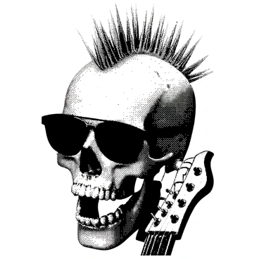 A human skull with a prominent mohawk hairstyle is positioned at an angle, wearing dark sunglasses perched on its eye sockets. The skull is gripping the neck of an electric guitar, which is angled towards the viewer as if in mid-performance. The mohawk is detailed with sharp spikes, creating a dynamic effect around the skull. The guitar features distinctive details, such as knobs and strings, emphasizing its electric nature. The overall composition captures an energetic and bold vibe, with the skull embodying a sense of rock and roll.