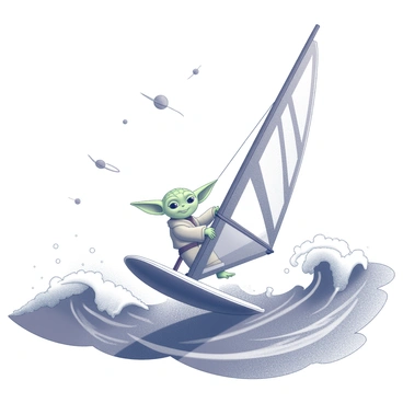 A small, green alien figure is windsurfing on an ocean with waves. The waves are dynamic, showcasing a variety of intricate shapes and patterns. The windsurfing board is sturdy, with a large sail catching the wind. The alien figure, resembling Yoda, is balanced on the board with one hand gripping the sail and the other hand extending outward for balance. The ocean has a textured surface, indicating movement and energy. The sky above is dotted with unusual celestial formations, adding an exotic ambiance to the scene.