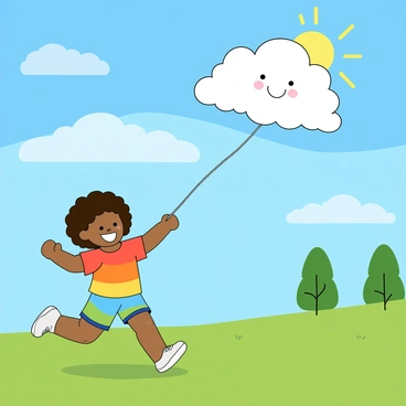 A child flying a kite shaped like a fluffy cloud against a bright sky