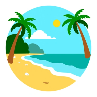 A sunny tropical beach scene featuring tall, green palm trees with long, frond-like leaves swaying slightly in the breeze. The soft, golden sand stretches across the foreground, dotted with small seashells. Gentle waves in shades of blue and turquoise roll onto the shore, creating white foam as they break. In the background, a clear blue sky is visible, with a bright sun casting warm rays over the entire scene.