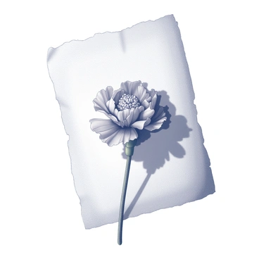 A dried carnation flower is placed gently against an old piece of parchment paper. The flower has crinkled petals and a faded appearance, showing intricate details of its texture. The parchment paper is aged, featuring slight wrinkles and uneven edges, suggesting it has been handled many times. Light shadows are cast where the flower touches the paper, creating a delicate interplay between the two elements. The overall scene conveys a sense of nostalgia and history through these simple, yet significant, items.