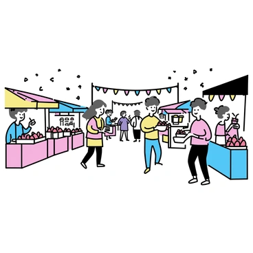 A vibrant scene depicting a strawberry festival, with multiple stalls lined up under colorful awnings. Each stall is adorned with fresh strawberries and displays a variety of strawberry treats such as jam, desserts, and drinks. People are seen strolling through the festival, some holding baskets filled with strawberries. A food stall is serving strawberry shortcake, while another is offering strawberry smoothies. The atmosphere is filled with the excitement of families and friends enjoying the festivities. Brightly colored banners hang between the stalls, adding to the lively ambiance of the event.