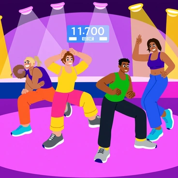 A group of four contestants is engaged in leg extension exercises on a vibrant stage. Each contestant is wearing colorful athletic wear, showcasing a variety of styles and designs. The background features bright stage lights casting a lively glow, enhancing the energy of the competition. The contestants are focused and determined, with muscles visibly engaged as they perform their exercises. Sweat beads glisten on their foreheads, emphasizing the intensity of the challenge. A digital timer displays the countdown, adding to the competitive atmosphere.