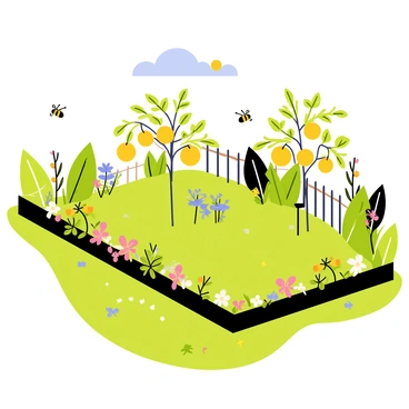 A backyard garden filled with vibrant green plants and colorful flowers. In the center, there is a small patch of citron trees displaying bright yellow fruits. Bees are buzzing around the citron patch, gathering nectar and pollen. The garden features neatly arranged flower beds with a variety of blooms in different colors, and a small wooden fence encloses the area. A sunny blue sky overhead adds to the cheerful atmosphere.