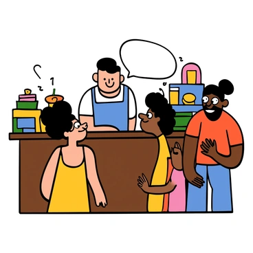 A shop owner with light skin and short black hair is standing behind a wooden counter, engaging with a group of diverse customers. The owner is wearing a blue apron over a white shirt, smiling as they share stories. In front of the counter, a light-skinned woman with big eyes and curly hair listens intently, wearing a yellow sundress. Beside her, a dark-skinned man with big eyes and a beard leans on the counter, wearing a red t-shirt. On the counter, there are various colorful items for sale, adding to the lively atmosphere. The scene conveys a warm and inviting interaction among the shop owner and the customers.