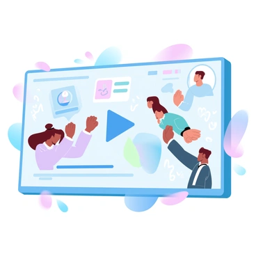 A large screen displaying a vibrant video tutorial featuring animated characters engaging with various RSE topics. The scene includes colorful graphics and dynamic text elements that highlight key points of the tutorial. Surrounding the screen, there are playful decorations that complement the lively animation, such as geometric shapes and abstract patterns. The characters are depicted in various poses, showcasing enthusiasm and interaction as they demonstrate the concepts being discussed.