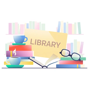 A library-themed voucher is prominently displayed in the center of the image. Surrounding the voucher are stacks of colorful books in varying sizes, some with their spines facing outward, showcasing their titles. To the left, there are two steaming coffee cups, one is a vibrant blue while the other is a bright red, each placed on a small saucer. On the right side of the voucher, a pair of stylish reading glasses rests atop an open book, reflecting a soft light. The background features a subtle hint of wooden shelves filled with more books, creating an inviting atmosphere associated with reading and relaxation.