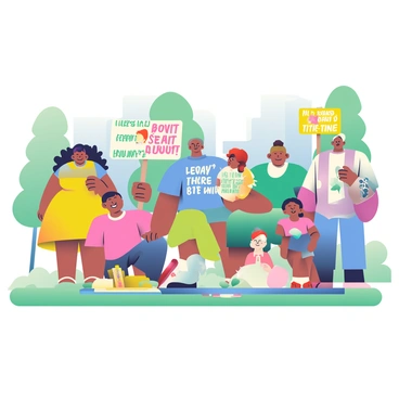 A diverse group of people is gathered in a city park, each person holding colorful signs with messages of support and solidarity. The individuals represent various ethnic backgrounds, including a woman with curly black hair wearing a bright yellow dress, a man with short brown hair in a blue shirt, an older gentleman with white hair holding a green sign, and a young girl with pigtails dressed in a pink t-shirt. The park features green grass and tall trees in the background, while a few people are seated on picnic blankets. The atmosphere is vibrant with the signs displaying various colors and slogans. Some people are smiling, while others are engaged in conversation, creating a sense of unity.