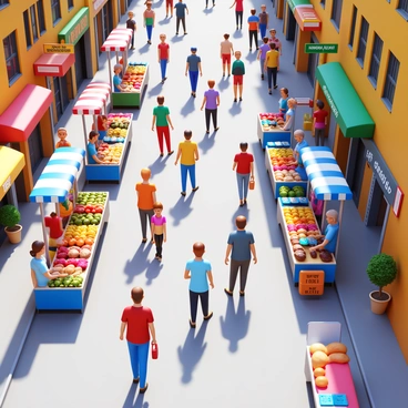 A bustling city street filled with people walking in various directions. Street vendors are positioned along the sidewalks, showcasing colorful stalls filled with fresh produce, handmade crafts, and street food. Some vendors are interacting with customers, while others are busy preparing their goods. The street is lined with tall buildings, casting shadows on the animated scene below. A mix of pedestrians, including families, tourists, and workers, adds to the liveliness of the environment. "Fresh fruit", "handmade jewelry", and "hot food" signs can be seen among the vendor stalls.