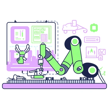 A futuristic industrial robot arm is positioned above a sleek, metallic assembly line. The arm has multiple joints and is equipped with various tools, including a small wrench and a pick-and-place mechanism. It is engaged in precise assembly work, carefully attaching two components together. In the background, there is a series of conveyor belts moving parts along the production line. The environment is filled with machinery and digital displays showing data. The scene reflects an advanced manufacturing setting with a focus on high precision and efficiency.