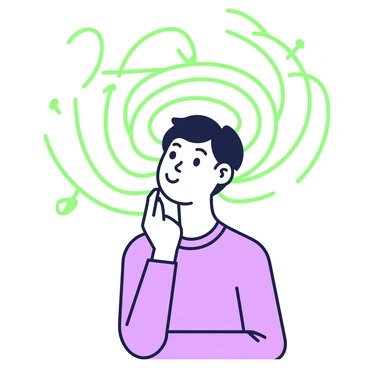 A character whose thoughts are depicted as spiraling, colorful lines around their head